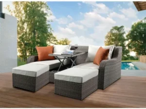 Velari Beige Wicker Convertible Patio Sectional with Ottomans & Hidden Table