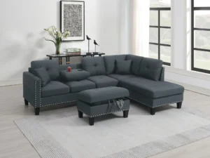 Velari Charcoal Fabric 3‑Piece Sectional Sofa with Storage Ottoman