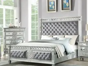 Velari Gray Velvet & Mirrored Panel Bed