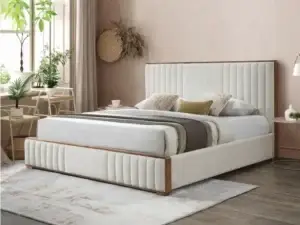 Velari Sonata Upholstered Bed in Beige Chenille & Walnut – Queen