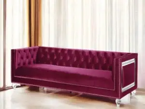 Velari Burgundy Velvet Sofa with Mirrored Trim