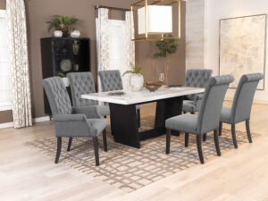 Velari Sherry 7‑Piece Dining Set with Rectangular Marble Top – Sand Finish